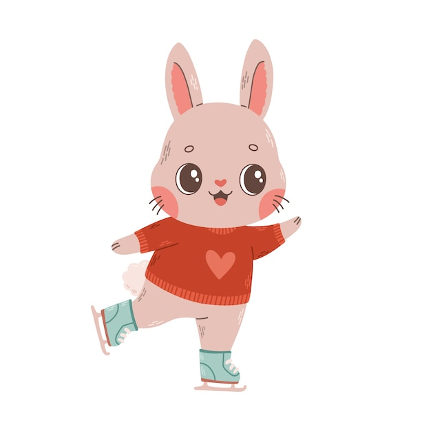 Cute bunny ice skating. Rabbit, hare character. Vector hand drawn illustration of winter recreation.