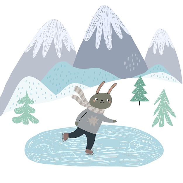 A cute bunny is ice skating. Scandinavian style