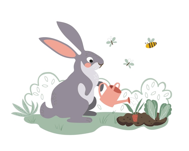 A cute bunny is watering the garden from a watering can. The rabbit is growing carrots.