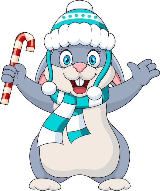 Cute bunny mascot cartoon in winter hat holding candy