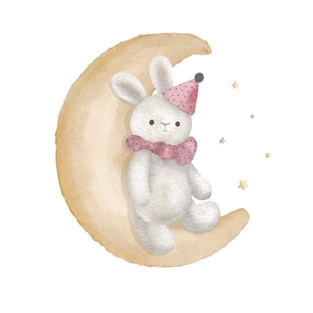 Cute bunny on the moon with little stars watercolor vector illustration