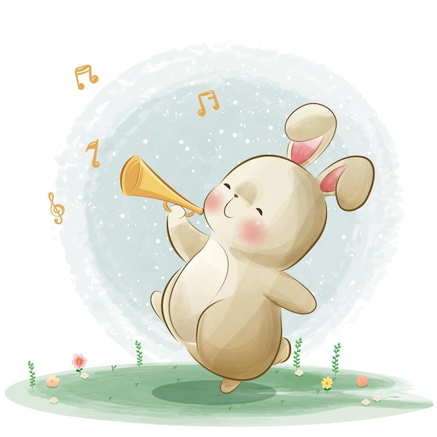 Cute bunny playing music cartoon illustration