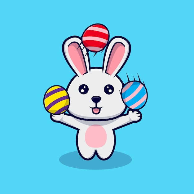 Cute bunny playing with decorative eggs for easter day