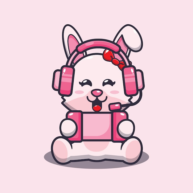 Cute bunny rabbit cartoon mascot illustration playing game