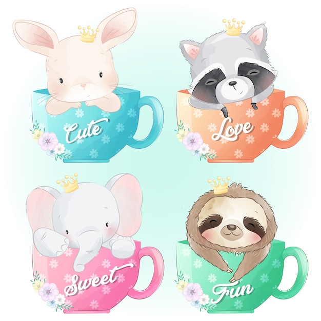 Cute bunny,raccoon, elephant and sloth sitting inside the coffee cup