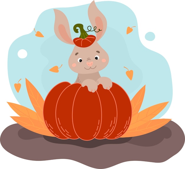 Cute bunny sitting in a pumpkin Happy Halloween Autumn poster vector illustration