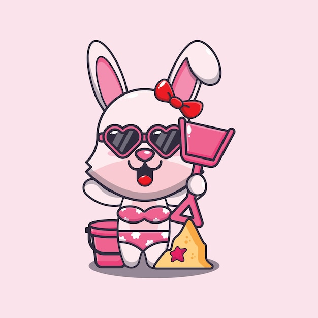 Cute bunny in sunglasses play sand beach cartoon illustration.