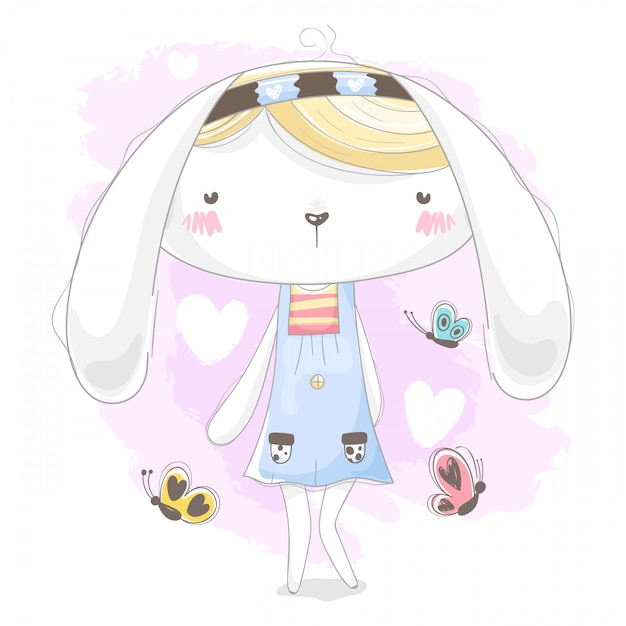 Cute Bunny surrounded by hearts and butterflies