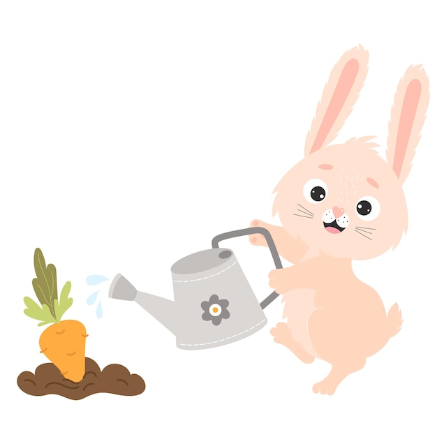 Cute bunny watering carrots in garden