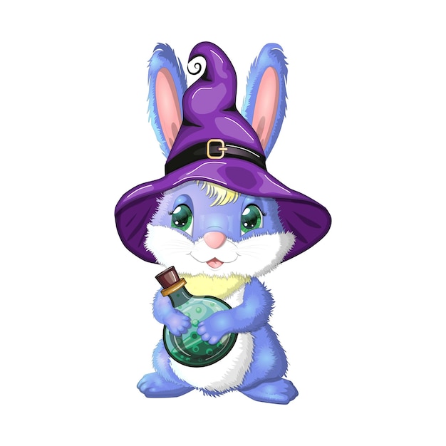 Cute Bunny in witch hat with pumpkin broom potion Happy Halloween festival concept Year 2023 hare mascot character