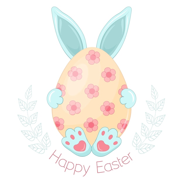 Cute bunny with big egg happy easter fun character cartoon style spring greeting card vector illustr...