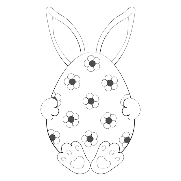 Cute bunny with big egg Happy Easter Fun character Outline Coloring book Vector illustration Isolated on white Monochrome image