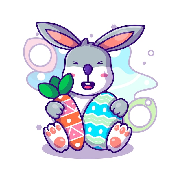 Cute Bunny with Carrot and Egg to Easter Day Vector Icon Illustration