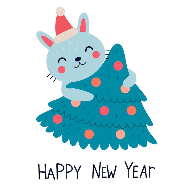 Cute Bunny with christmas tree and lettering Happy New Year. Vector illustration