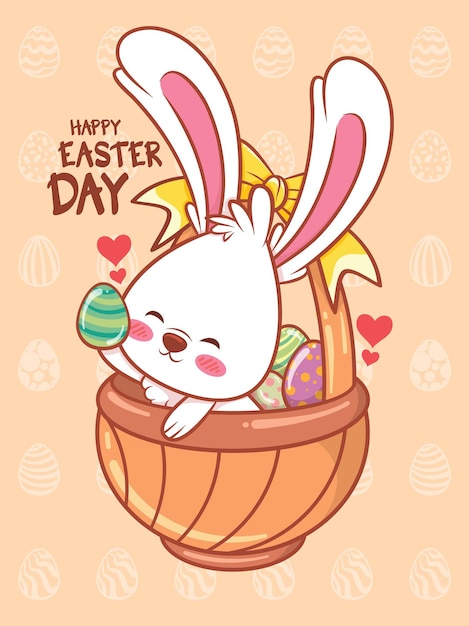 cute bunny with easter eggs decorated. cartoon character illustration happy easter day concept.