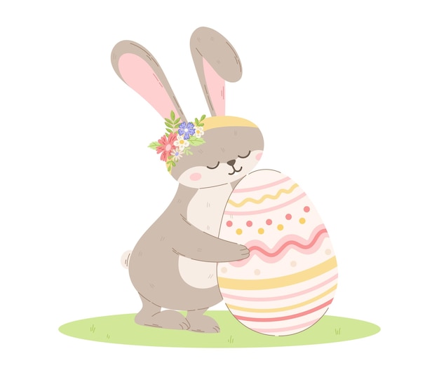 Cute bunny with flowers hugging a decorated Easter egg Vector isolated cartoon illustration of a rabbit in a clearing