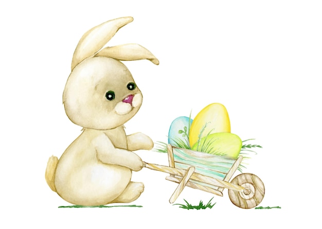 Cute bunny, wooden cart, easter eggs. Watercolor concept, in cartoon style.