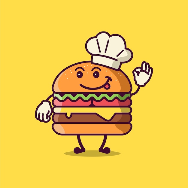 Cute burger cartoon character wearing chef hat vector