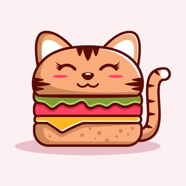 Cute Burger Cat Illustration Animal Flat Cartoon Style