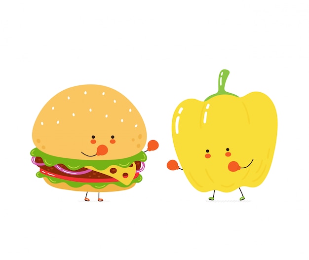 Cute burger fight with bell pepper. Isolated on white . Vector cartoon character illustration design, simple flat style. Fast food vs healthy food concept