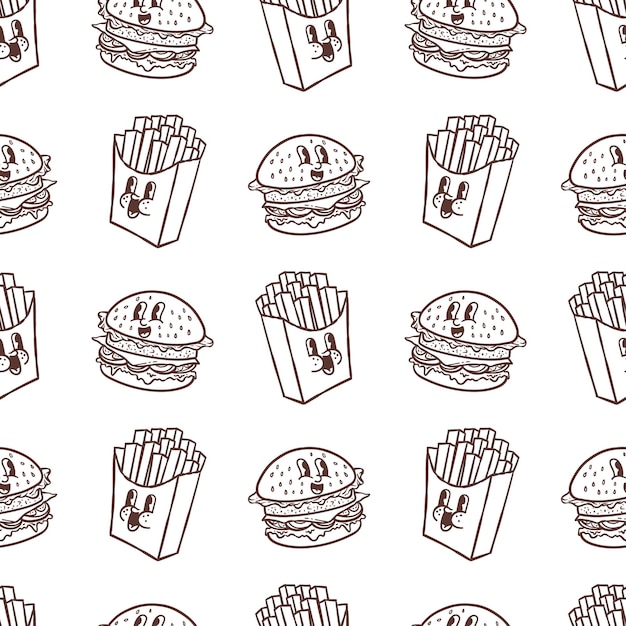 Cute burger french fries character seamless pattern