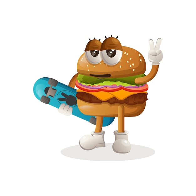 Vector cute burger mascot design carrying a skateboard