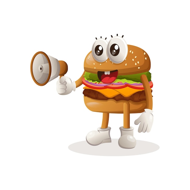 Vector cute burger mascot design holding megaphone