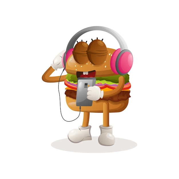 Cute burger mascot design listening music on a smartphone using a headphone