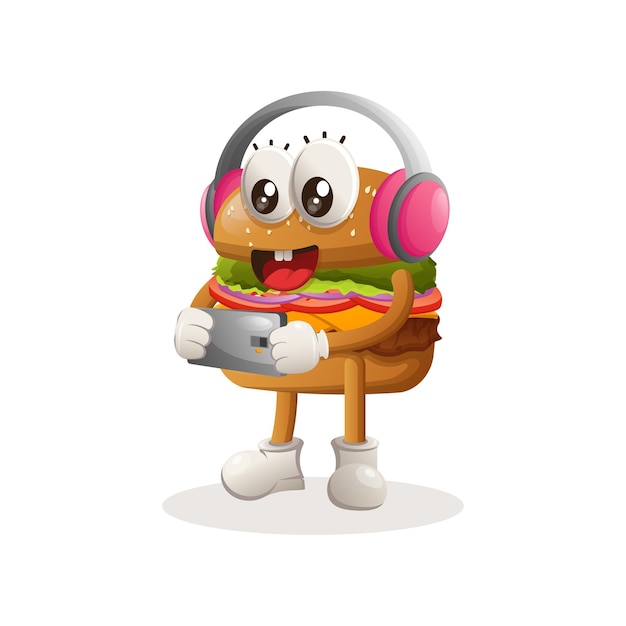 Cute burger mascot design playing game mobile wearing headphones