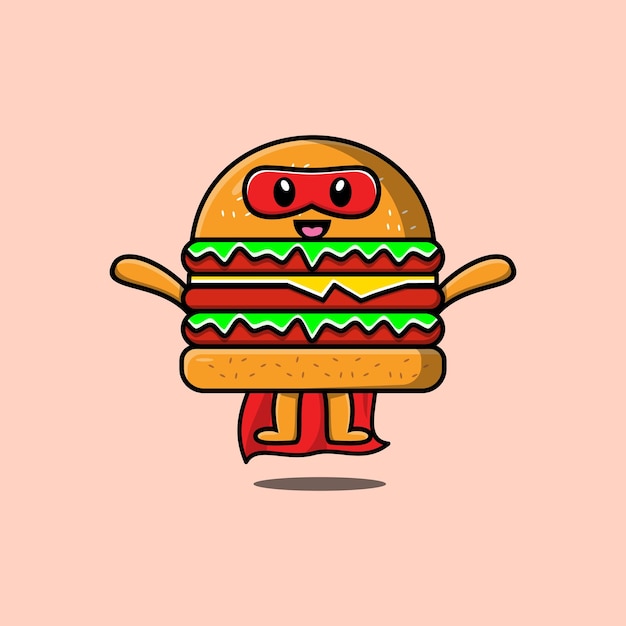 Cute Burger superhero character flying illustration cartoon vector in 3d modern style design