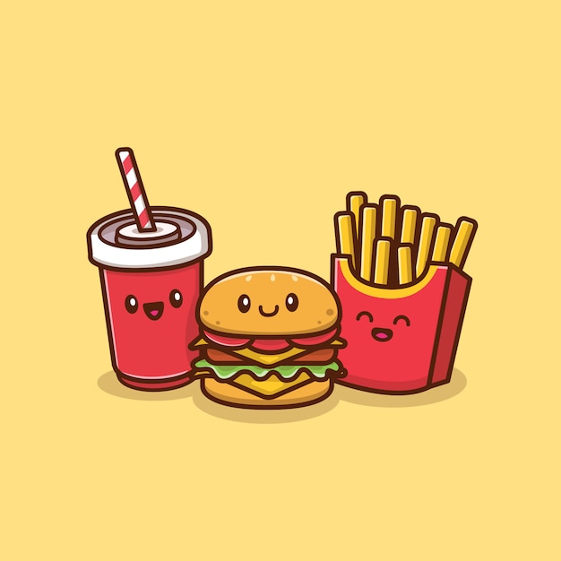 Cute Burger With Soda And French Fries   Icon Illustration. Food And Drink Icon Concept Isolated    . Flat Cartoon Style