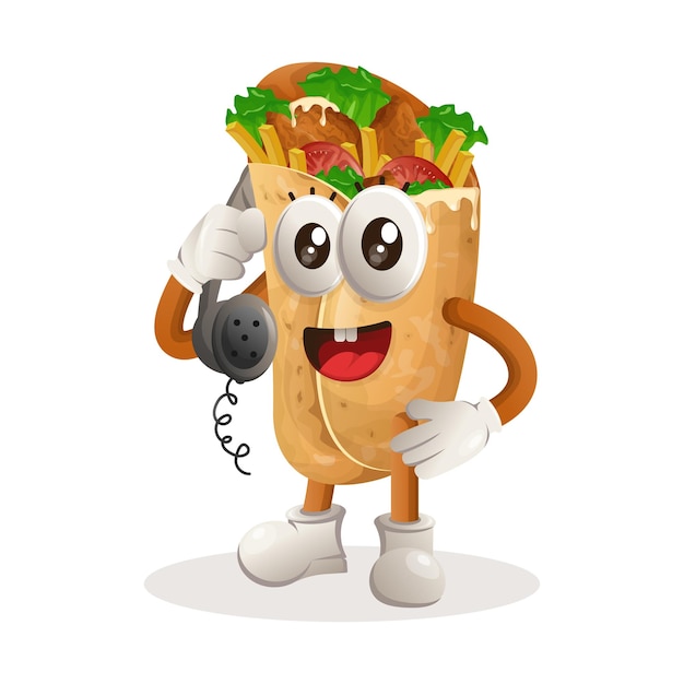 Cute burrito mascot pick up the phone answering phone calls