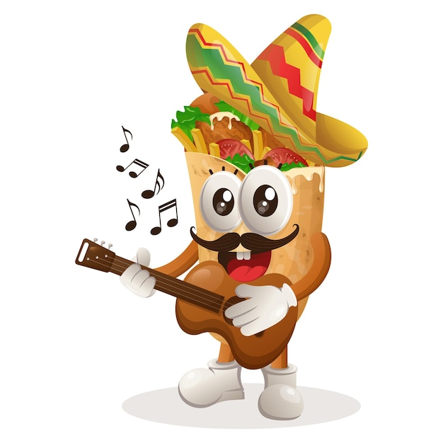 Vector cute burrito mascot wearing mexican hat with playing guitar