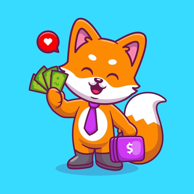 Cute Business Fox Holding Money Cartoon Vector Icon Illustration Animal Business Icon Isolated flat