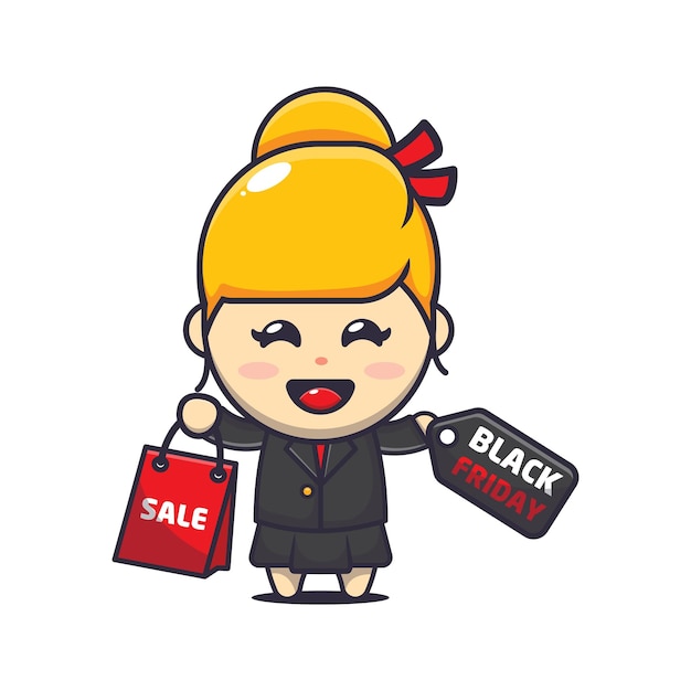 cute business woman in black friday sale cartoon mascot illustration