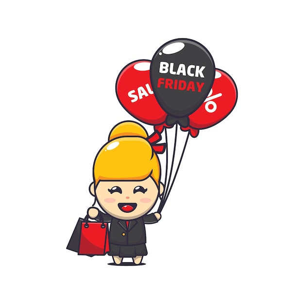 cute business woman in black friday sale cartoon mascot illustration