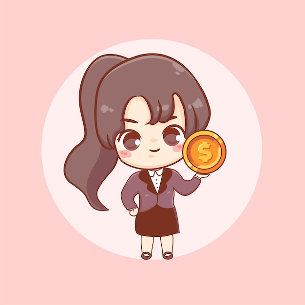 Cute business woman holding money coin currency cartoon illustration