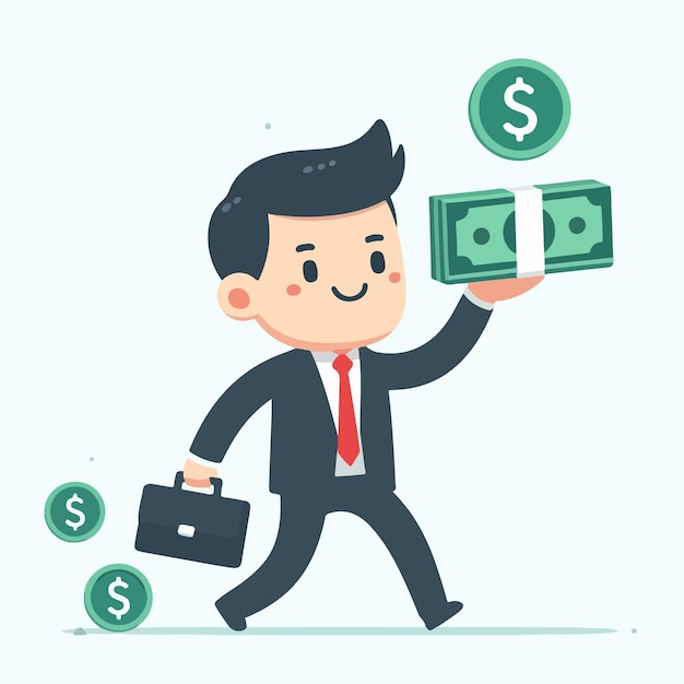 Cute businessman is raising money in flat design style