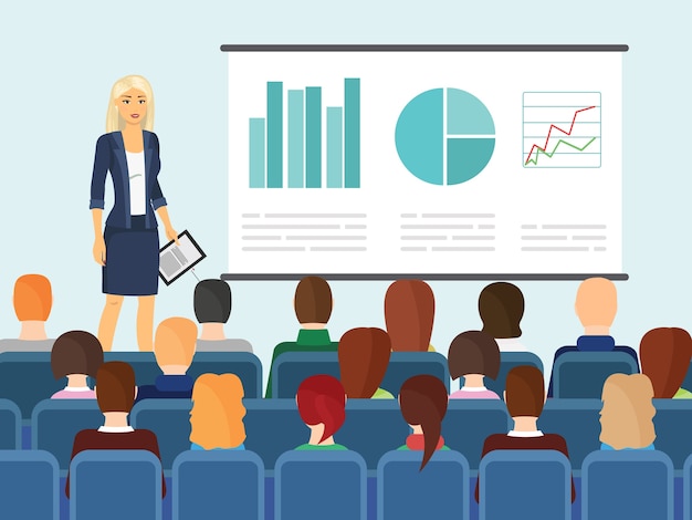 Cute businesswoman showing something to people.  illustration of woman in business  clothes making presentation fof people sitting on chairs in   style.