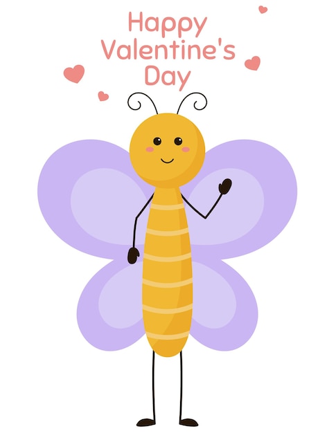 Cute butterfly card. Happy Valentine's day card, background, flyer, placard with cute animal.