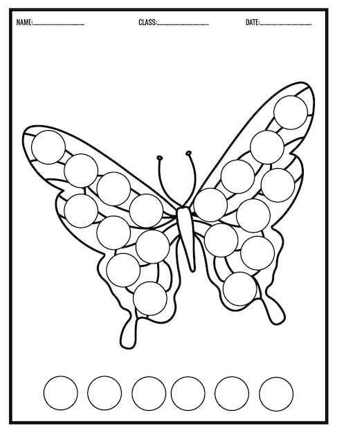 Cute Butterfly coloring book for children.Dot Markers Worksheets for Kindergarten.