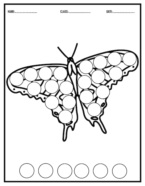 Cute Butterfly coloring book for children.Dot Markers Worksheets for Kindergarten.