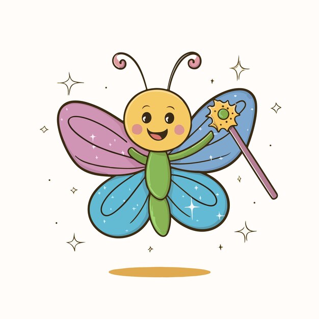 Vector cute butterfly with magic wand cartoon vector illustration