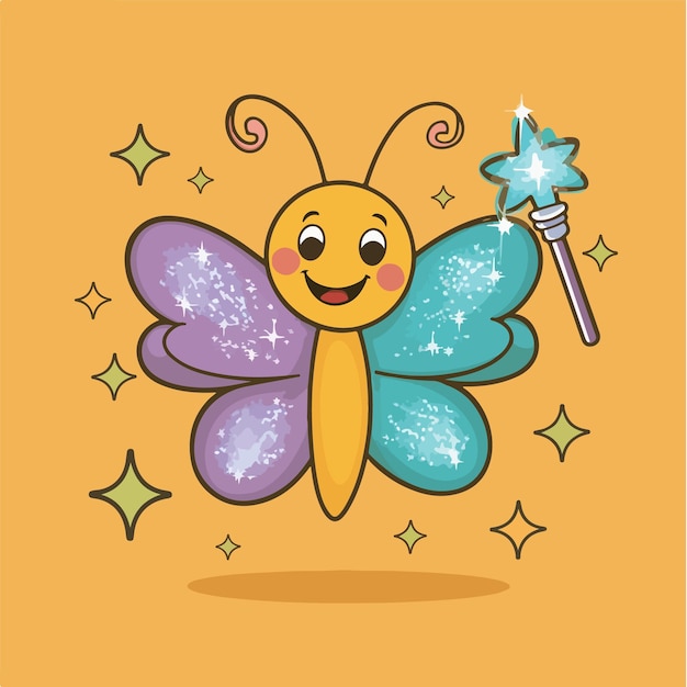 Cute butterfly with magic wand cartoon vector illustration