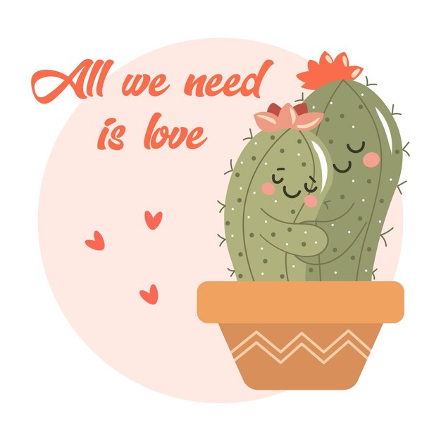 Vector cute cacti in love in a pot mom and daughter cartoon characters and text