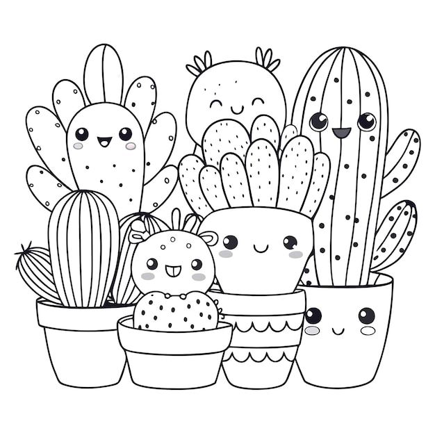 Vector cute cactus coloring page for kids and adults