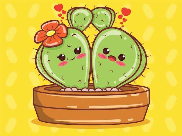 cute cactus couple cartoon character and illustration.