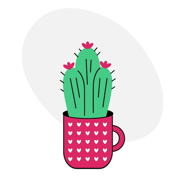 Cute cactus doodle Cartoon cactus with flowers in a pink pot on a white background