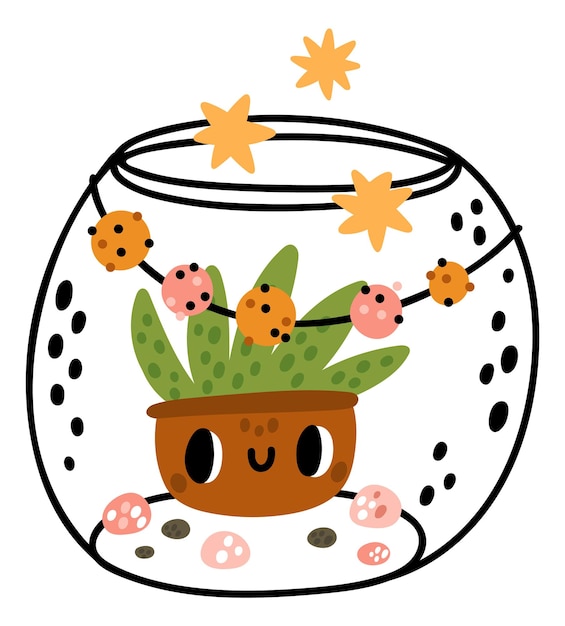 Cute cactus in glass aquarium Funny houseplant mascot