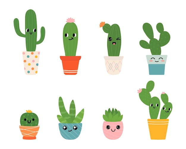 Cute cactus plant in pots with cute faces Indoor plants in a flat style Vector illustration set